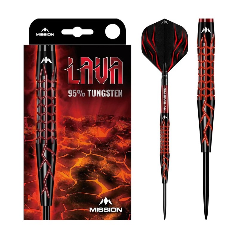 Fléchettes Mission Lava - Pointe en acier - 95 % tungstène - Noir et rouge électro
