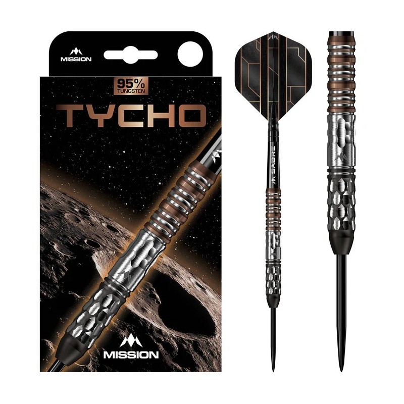 Fléchettes Mission Tycho - Pointe en acier - 95 % tungstène - Revêtement PVD noir et bronze 24gr