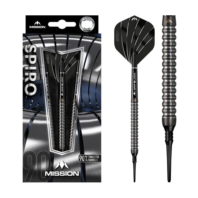 Fléchettes Mission Spiro - Pointe souple - Revêtement PVD graphite - M1 - Noires 20GRS
